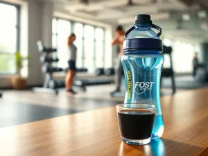 Bidon sportowy i filiżanka czarnej kawy na ławce w siłowni, podkreślające kofeinę jako wsparcie przed treningiem.