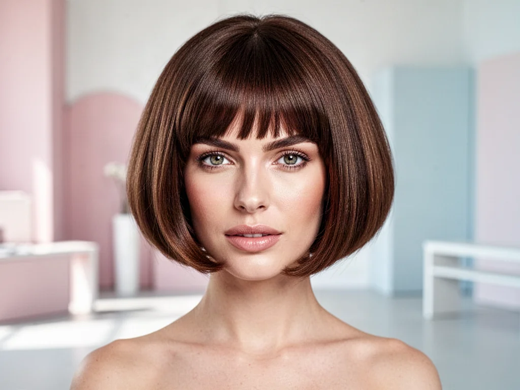 Elegancka kobieta z modną fryzurą na pazia w nowoczesnym, minimalistycznym wnętrzu.