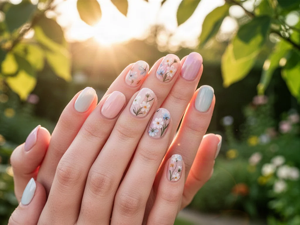 Dłonie z delikatnym, kwiatowym manicure w pastelowych odcieniach na tle słonecznego ogrodu.
