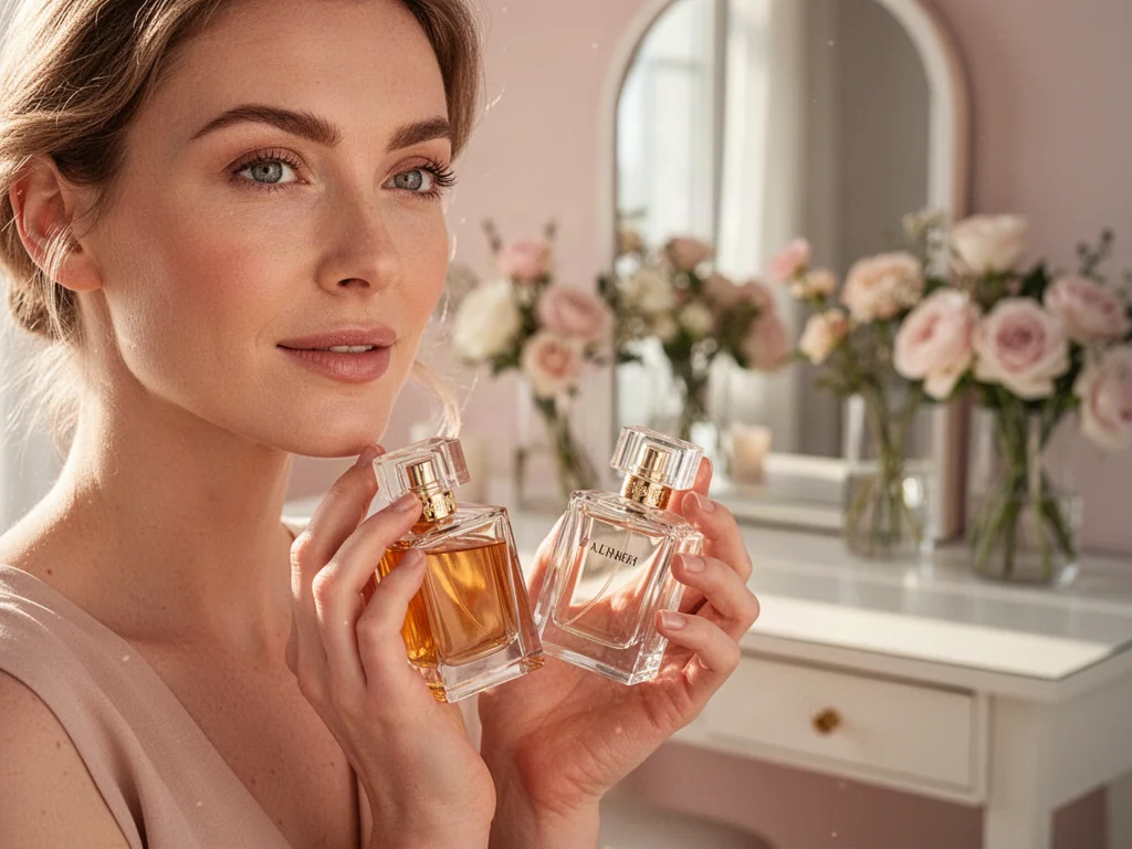Elegancka kobieta trzymająca dwa luksusowe flakony perfum w świetle poranka, ilustrująca wybór między różnymi rodzajami zapachów.