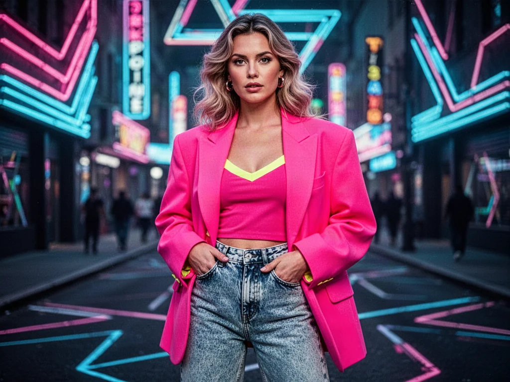 Kobieta w neonowej marynarce i jeansach typu acid-wash, prezentująca stylizację inspirowaną modą lat 80. na tle miasta.