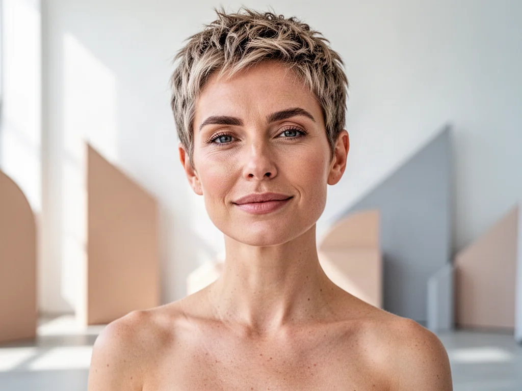 Kobieta z modną, krótką fryzurą typu pixie, prezentująca naturalny i nowoczesny styl bez konieczności układania włosów.